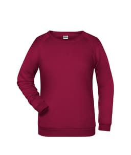 A maroon women's jumper featuring long sleeves, a crew neckline, and a simple design. It has a branding logo.