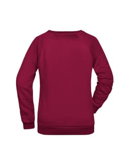 A maroon ladies' promotional sweatshirt featuring a back view and a logo. The design has a casual style.