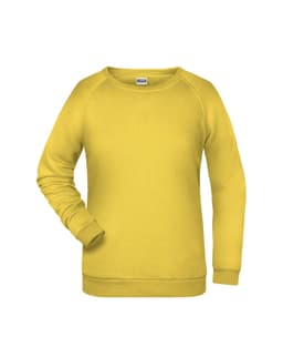 A yellow women's sweatshirt featuring a classic crew neck and ribbed cuffs, with a logo on the label.