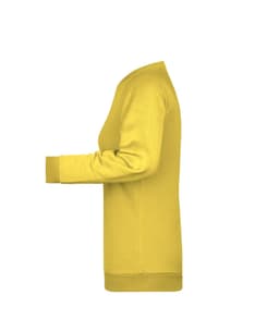 A yellow ladies' sweater featuring long sleeves, with a logo on the front, displayed from the side.