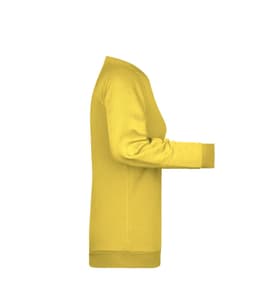 A yellow women's jumper featuring long sleeves and a fitted design. It has a logo on one side.
