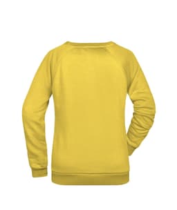 A yellow ladies' sweater with a simple design and a logo on the back.