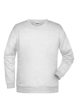 A grey men's promotional sweatshirt with long sleeves and a crew neckline, featuring a logo.