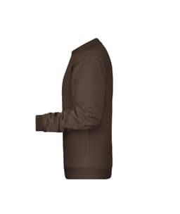 A brown men's crew neck jumper with long sleeves and a fitted silhouette. It features a logo on the side.