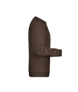 A brown men's sweatshirt displayed from the side, featuring a classic crew neck and ribbed cuffs. It has a logo.