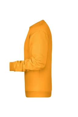 An orange men's jumper featuring a crew neck and long sleeves, with a branding logo present.