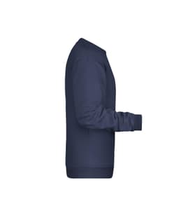 A navy blue men's jumper featuring a simple design and a logo. The side view highlights its fit and style.