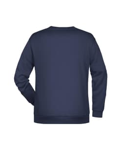 A men's navy blue jumper with a plain back and ribbed cuffs. Features a logo on the front.
