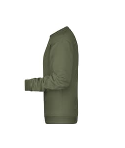 A green men's sweatshirt featuring a crew neck and ribbed cuffs, with a side view showcasing its fit and design.