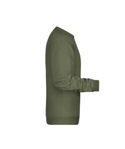 A khaki green men's jumper with a round neckline and long sleeves. It features a logo on the front.