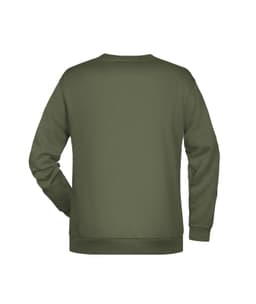 A men's jumper in olive green, featuring a ribbed neckline and cuffs. The back is plain and has a logo.