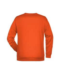 An orange men's jumper featuring a plain back design and a standard fit. It has a logo on the garment.