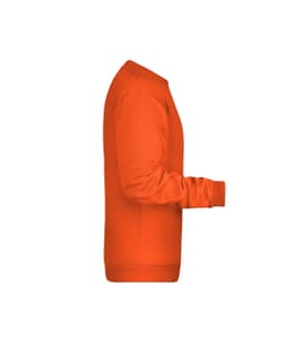 An orange men's jumper with long sleeves and a round neck, featuring a logo on the front.
