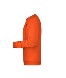 An orange jumper displayed from the side, featuring long sleeves and a relaxed fit. It has a branding logo.