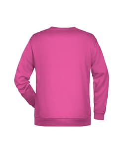 A pink men's jumper with a crew neck and a plain back. It features a logo on the garment.