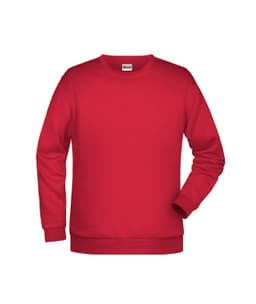 A red men's jumper with long sleeves and a crew neck. It features a logo on the front.