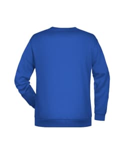 A blue men's jumper featuring a round neck and long sleeves, with a logo on the back.