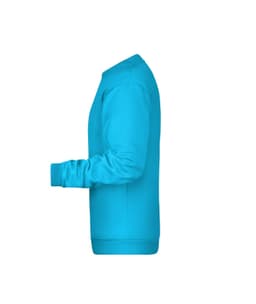 A side view of a bright turquoise men's jumper with long sleeves and a crew neck design.