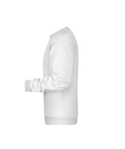 A white men's sweatshirt with long sleeves and a round neckline, featuring a logo.