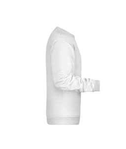 A white men's sweatshirt featuring long sleeves and a ribbed cuff and hem. Includes a logo on the front.
