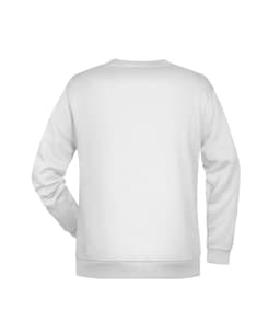A white men's sweatshirt featuring a simple design and a rear view, including a logo on the back.