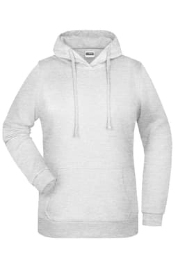 A grey ladies' hoodie features a front pocket and a drawstring hood, with a logo on the chest.