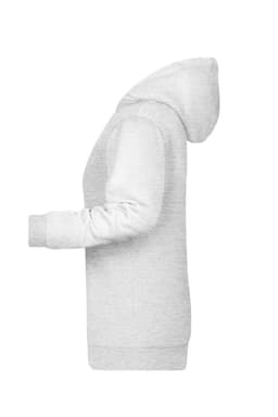 A grey ladies' hoodie featuring a front pocket and a logo. Looks stylish with a classic design.
