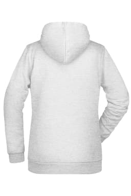 A grey hoodie with a back view, featuring a hood and long sleeves. It has a logo on the back.