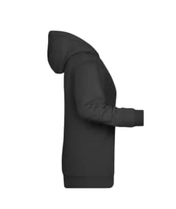 A black ladies hoodie with a front kangaroo pocket and a hood, featuring a logo.