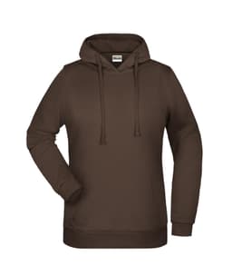 A brown hoodie featuring a front pocket and a drawstring hood, with a logo on it.