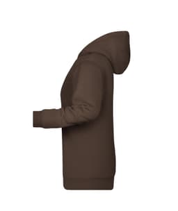 A brown ladies' hoodie, featuring a hood and long sleeves, shown from the side with a smooth design and a logo.