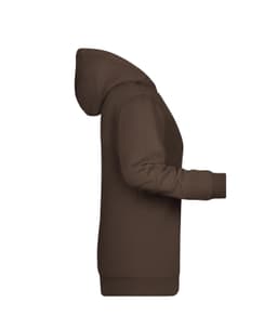 A brown ladies hoodie features a side view with a hood and long sleeves, designed for casual wear.