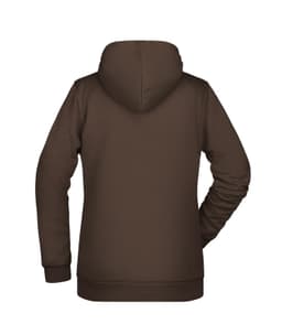 A brown ladies' hoodie with a hood, featuring a logo, viewed from the back.
