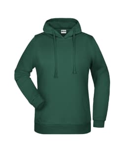 A green ladies hoodie featuring a front pocket and a hood, with an attached branding logo.