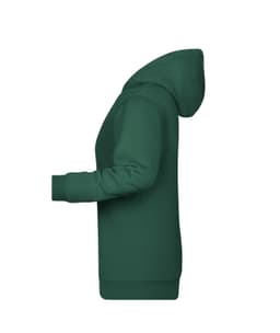 A green ladies' hoodie featuring a front pocket and a hood. The design includes a logo.