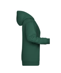 A green ladies hoodie featuring a side view with a hood and long sleeves. It has a subtle logo.