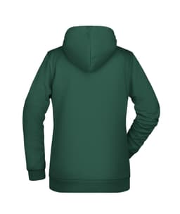 A green ladies hoodie featuring a back view and a small logo on the back.