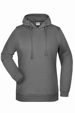 A grey ladies' hoodie featuring a front pouch pocket and a hood, complete with adjustable drawstrings.