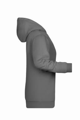 A grey ladies' hoodie with a hood, featuring long sleeves and a side view design. It has a logo on it.