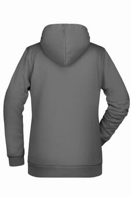 A grey ladies' hoodie featuring a back view, with a hood and long sleeves. It has a logo on the back.