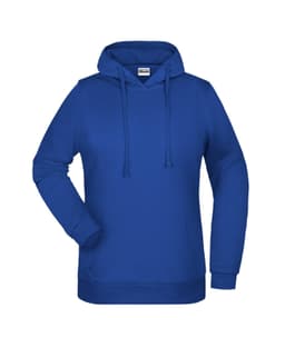 A blue ladies hoodie featuring a kangaroo pocket and a drawstring hood. The hoodie includes a logo.