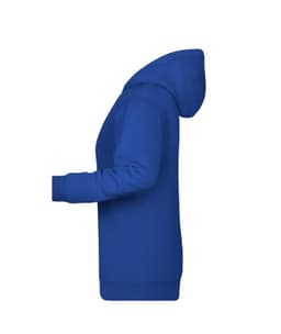 A blue ladies hoodie featuring a hood and long sleeves, with a logo on the front.