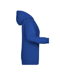 A blue ladies' hoodie with a front pocket and a hood, featuring a logo on the chest area.