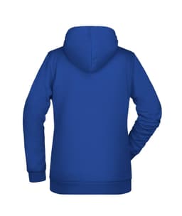 A blue ladies hoodie with a hood and long sleeves, featuring a logo on the back.