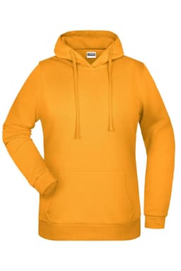 A yellow hoodie with a front pocket and a large hood, featuring a logo.
