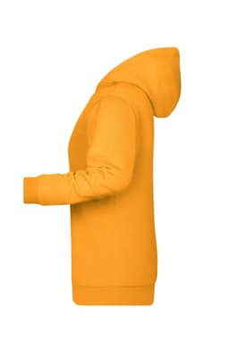 A yellow ladies hoodie with a hood and long sleeves, featuring a side profile view and a logo on it.