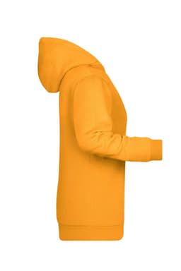 A yellow ladies' hoodie with a front pocket and a hood, featuring a logo on the front.