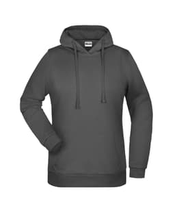 A grey ladies hoodie with a front pocket and drawstring hood, featuring branding on the label.
