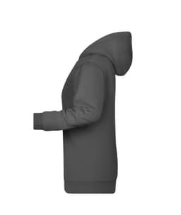 A grey ladies hoodie with a hood and long sleeves, featuring a side view design and a subtle logo.