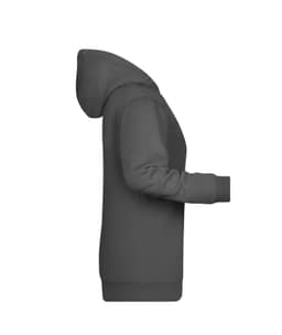A grey ladies hoodie featuring a hood and long sleeves, with a logo on the front.